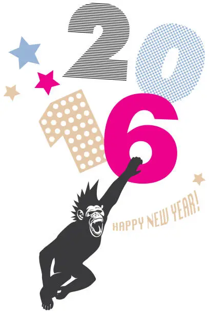 Vector illustration of In the Year of The Monkey Chimp Wishes Happy 2016