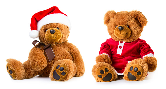 Teddy bears wearing a Christmas santa hat and dress isolated on white background