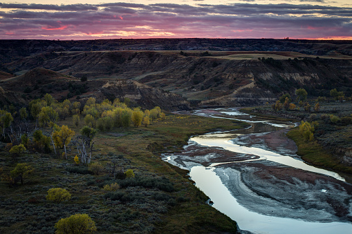 Sunset over the Little Missouri River from the Wind Canyon Overlook at Teddy Roosevelt National Park