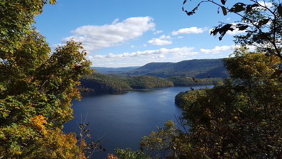 Mountain top view of Raystown Lake, Huntington, Pennsylvania. Early showing of autumn colors. Taken October 10, 2015