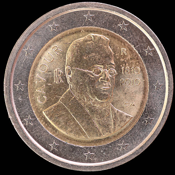 commemorativa moneta da due euro, che contano cavour ritratto, italia 2010 - circulated foto e immagini stock