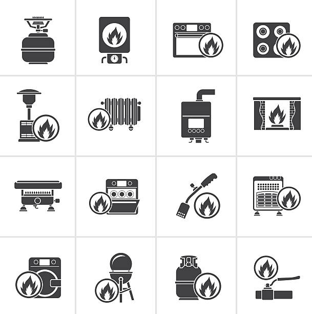 черный бытовой gas appliances значки - gas boiler illustrations stock illustrations