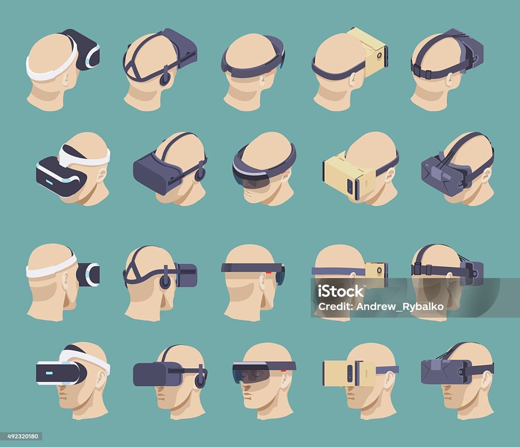 Isometric virtual reality headsets Set of the isometric virtual reality headsets. The objects are isolated against the green background and shown from two sides Isometric Projection stock vector