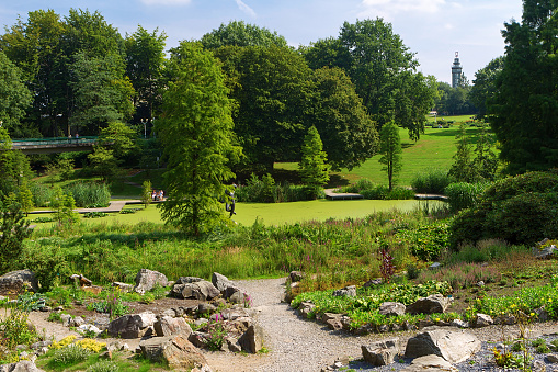 Beautiful green city park in Grugapark Essen, Germany.