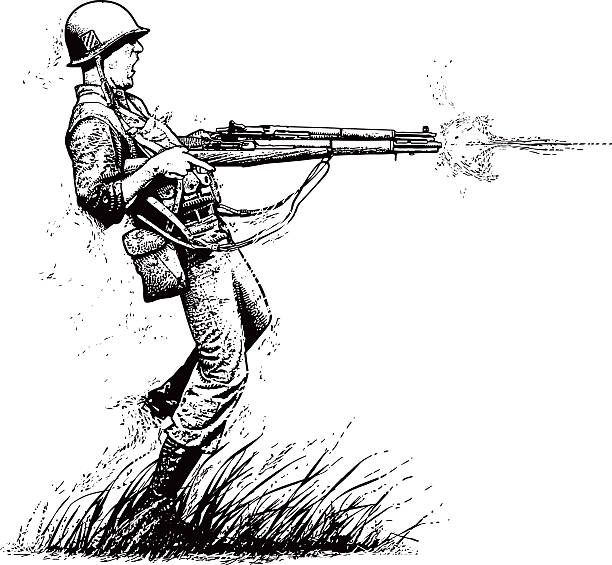 ilustraciones, imágenes clip art, dibujos animados e iconos de stock de valientes ee. uu. soldier tiro 2 rifles en combate - m14