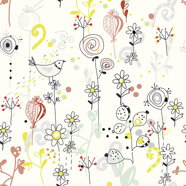 floral nahtlose muster mit vogel skizze - flower bird floral pattern retro revival stock-grafiken, -clipart, -cartoons und -symbole