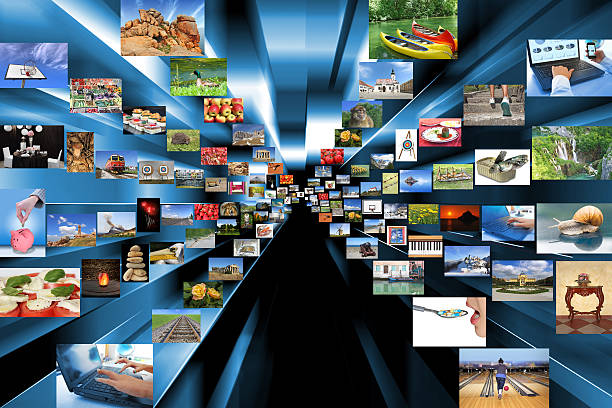 Variety of photos as background Lots of a variety photos in perspective on blue background loading photos stock pictures, royalty-free photos & images