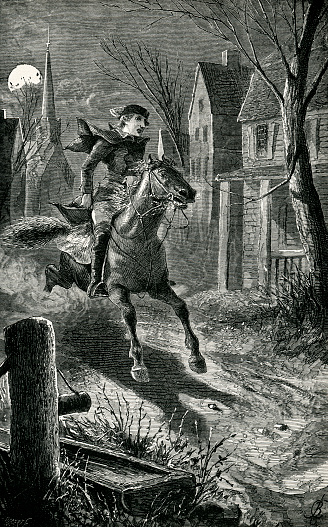Engraving from 1882 showing Paul Revere riding to warn the Americans that the British were coming during the Revolutionary War.