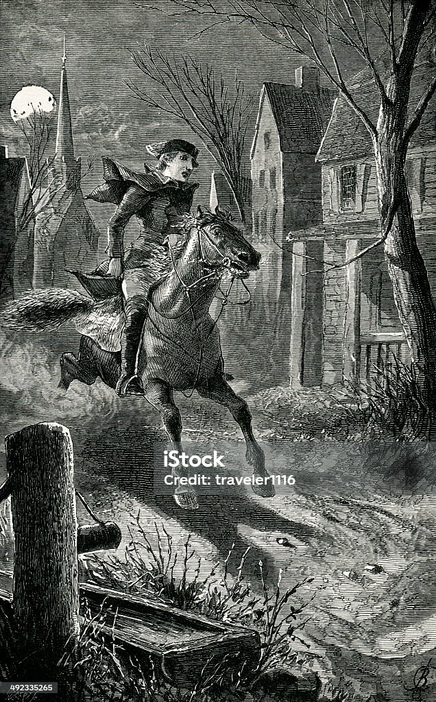 Paul Revere's Ride Engraving from 1882 showing Paul Revere riding to warn the Americans that the British were coming during the Revolutionary War. Paul Revere - Silversmith stock illustration