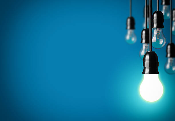 big idea - light bulb electricity lighting equipment blue stock-fotos und bilder