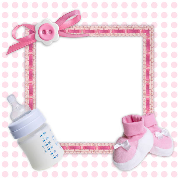 Baby frame with pink bow, boots and bottle