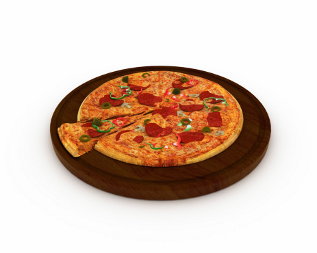 Fresh pizza out of the oven on a wooden cutting board, isolated on white background.