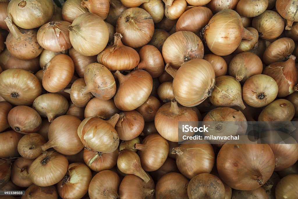 Yellow onions crop. Close up Brown Stock Photo