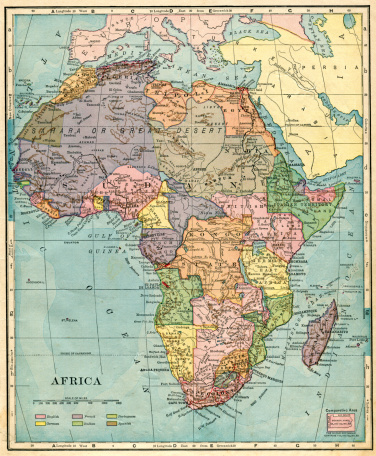 Map of Africa from 1896 showing many colonial states from the time.