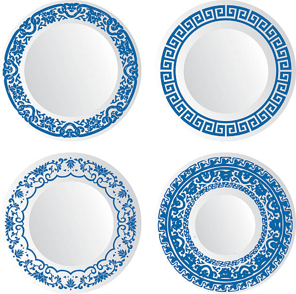 illustrazioni stock, clip art, cartoni animati e icone di tendenza di piastra di porcellana cinese - plate blue dishware white