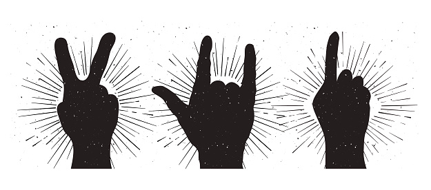 Grunge hand sign silhouettes: peace, rock and indication