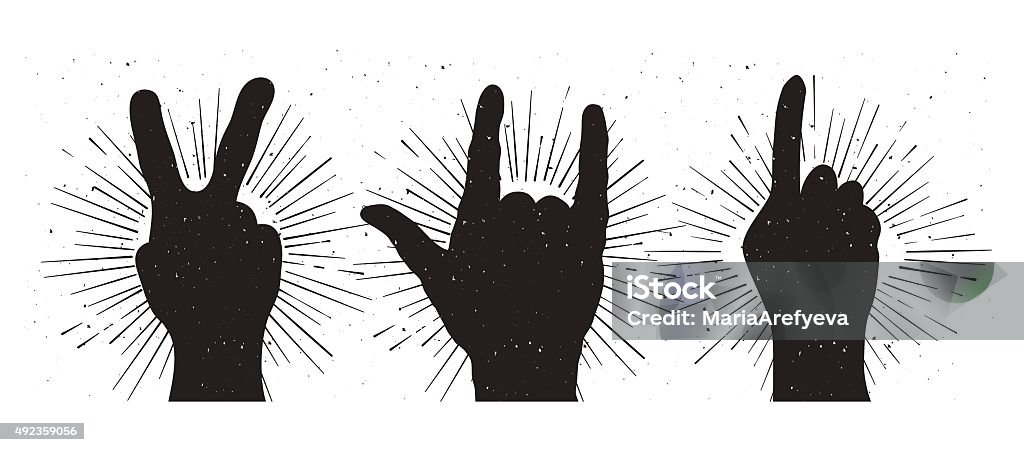 Grunge hand sign silhouettes: peace, rock and indication Rock Music stock vector