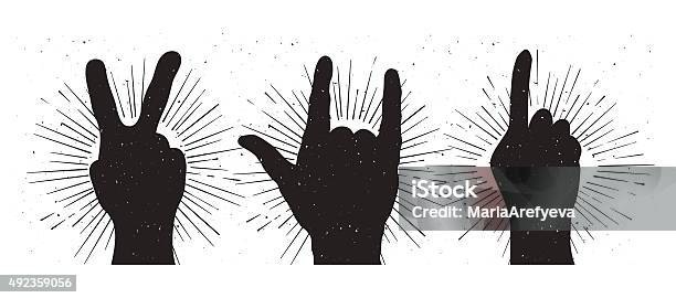 Grunge Hand Sign Silhouettes Peace Rock And Indication Stock Illustration - Download Image Now