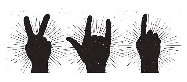 Vector illustration of Grunge hand sign silhouettes: peace, rock and indication