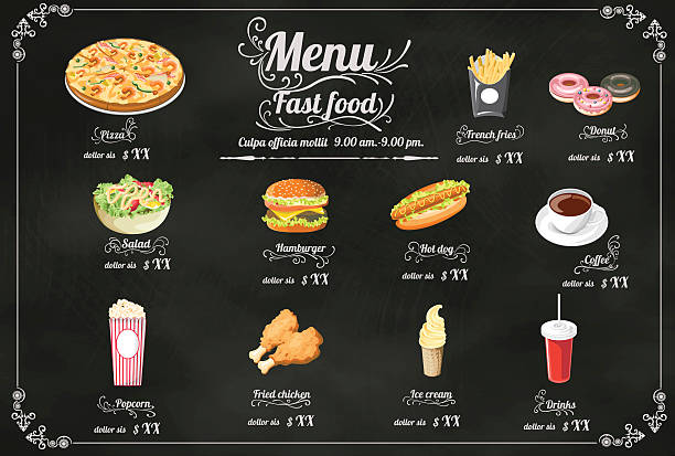 illustrazioni stock, clip art, cartoni animati e icone di tendenza di ristorante menu fast food su chalkboard formato vettoriale eps10 - coffee donut old fashioned snack