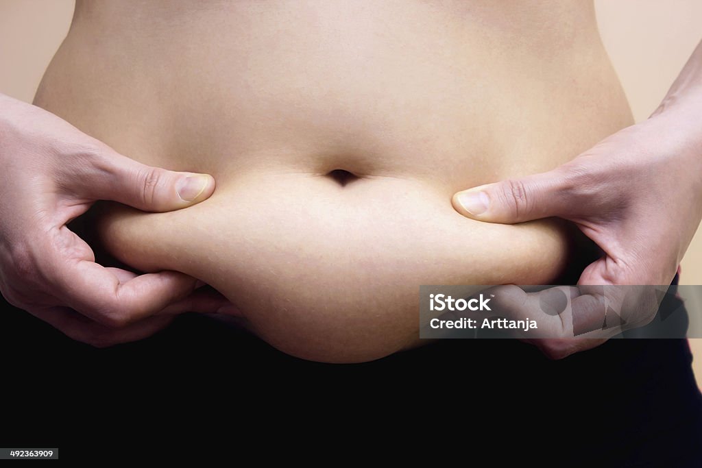 Fat on stomach Obese women shows fat on her stomach, Photography Abdomen Stock Photo