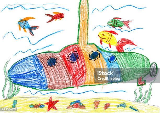 Child Drawing Submarine And Sea Life Stock Illustration - Download Image Now - Child, Drawing - Art Product, Drawing - Activity