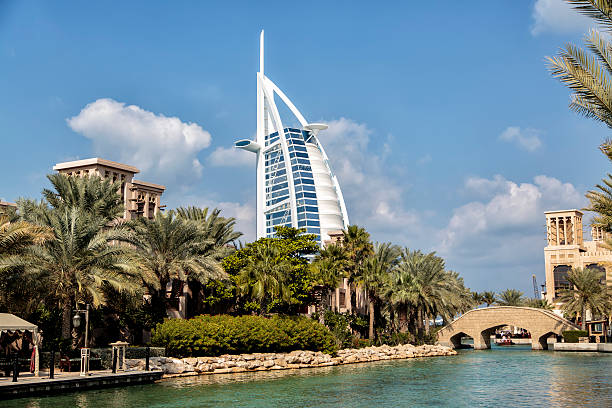 Dubai, United Arab Emirates - January 16, 2014: View of hotel Burj al Arab from Madinat Jumeirah in Dubai. At 321 m, it is the fourth tallest hotel in the world and has 202 rooms.