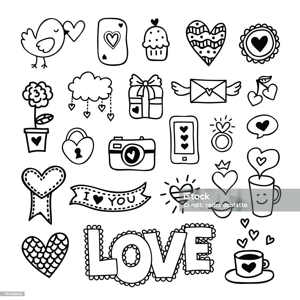 Hand drawn love icons and symbols Hand drawn love icons and symbols: hearts, ring, camera, coffee. St. Valentine's day cincept hand sketched doodle art. 2015 stock vector