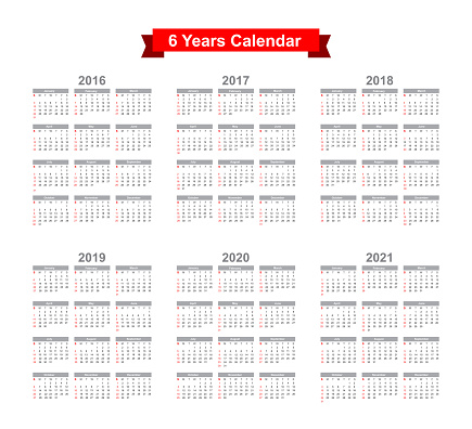 2016 - 2021 Calendar Black text on a white background