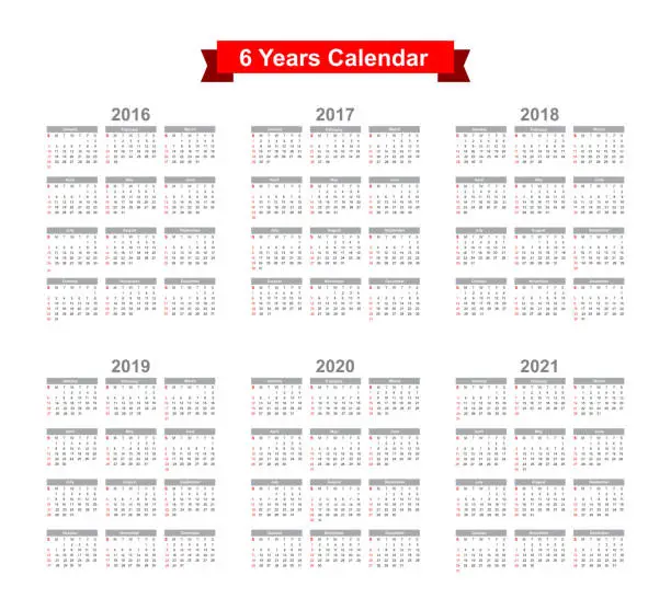 Vector illustration of 2016 - 2021 Calendar Black text on a white background