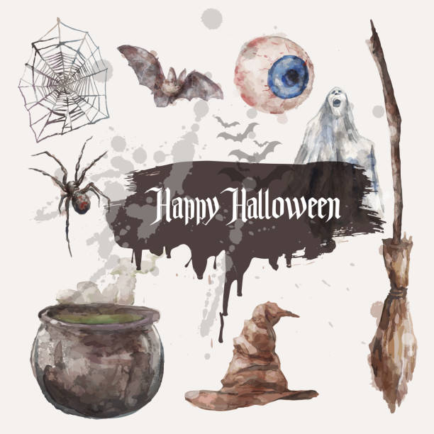 стоковая векторная графика акварельные набор иллюстрации для хэллоуин - bat halloween human eye horror stock illustrations
