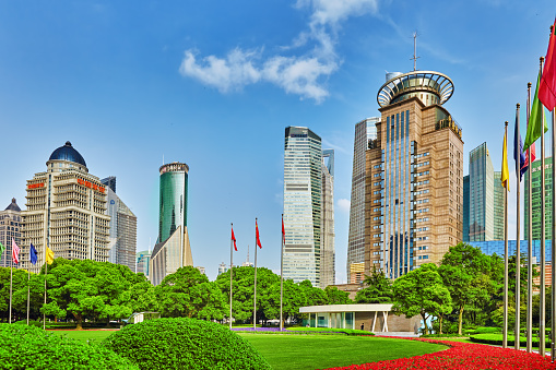 Shanghai, China - May  24, 2015:Beautiful view skyscrapers, waterfront and city building of Pudong, Shanghai, China. Shanghai is the financial capital of the Peoples Republic of China.