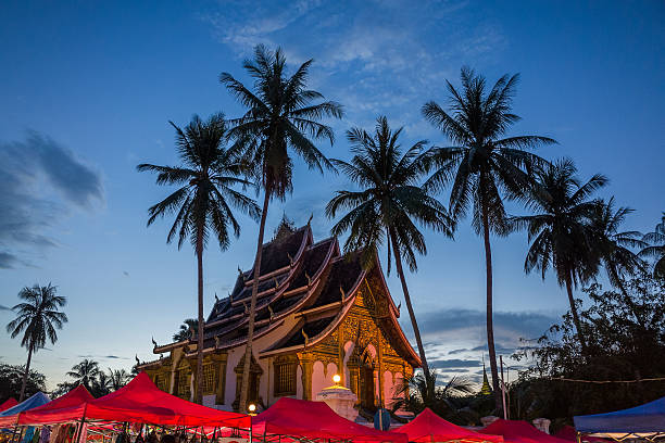 Temple with Palm Trees in Night Market stock photo