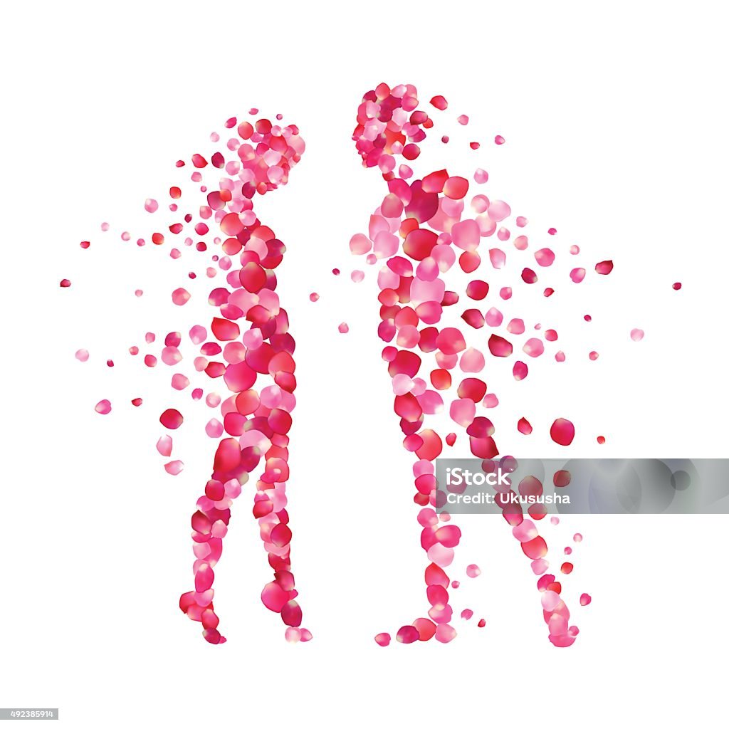 loving couple silhouettes of rose petals Valentine's Day illustration Dancing stock vector