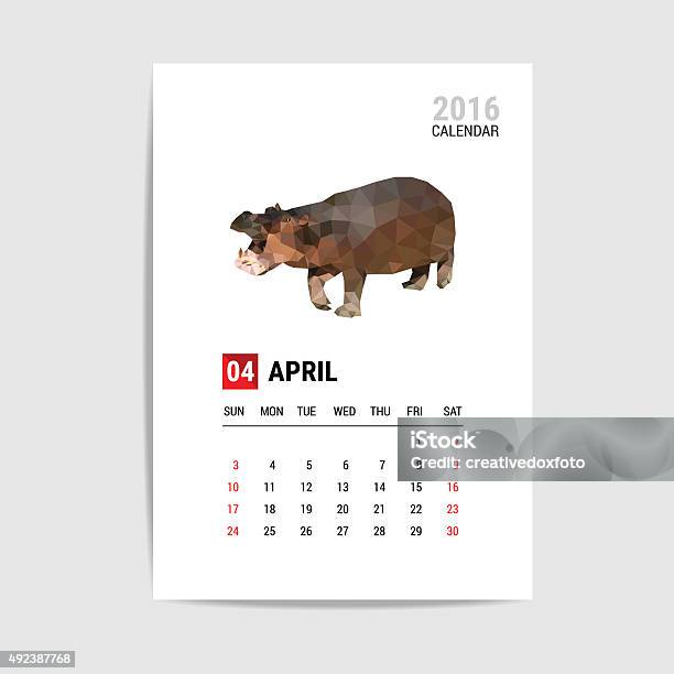 April 2016 Calendar Hippopotamus Polygon Vector Stock Illustration - Download Image Now - 2015, 2016, Animal