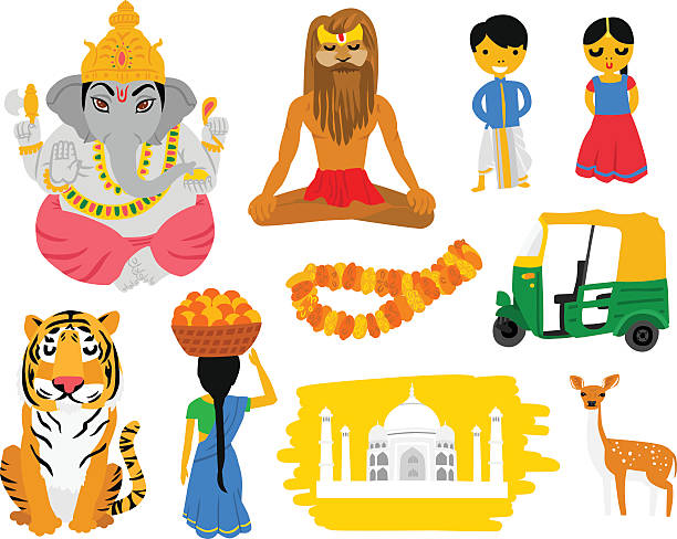 indyjski tradycyjny ludzi i obiektów zestaw - ganesha indian culture india vector stock illustrations