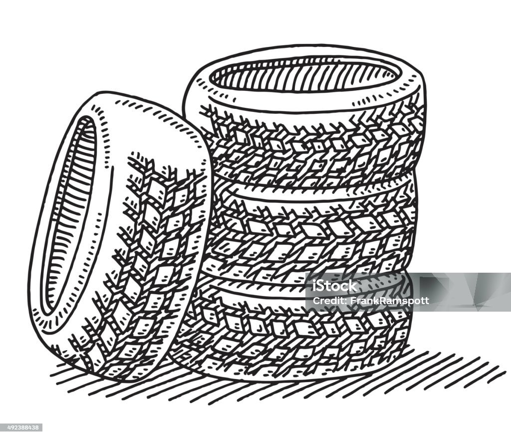 Set Of Four Car Tires Drawing Hand-drawn vector drawing of a Set Of Four Car Tires. Black-and-White sketch on a transparent background (.eps-file). Included files are EPS (v10) and Hi-Res JPG. Tire - Vehicle Part stock vector