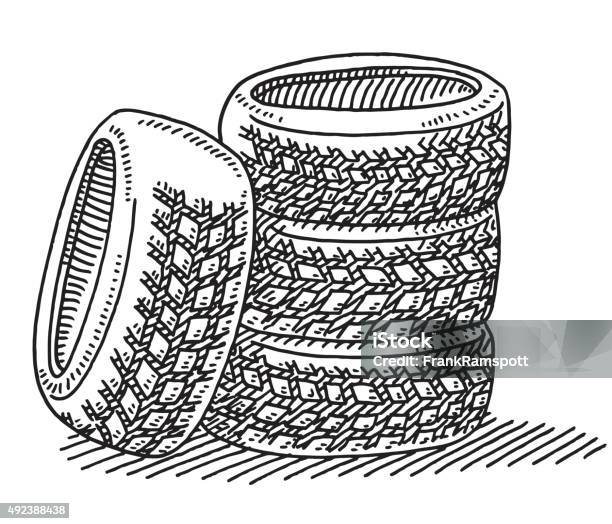 Set Of Four Car Tires Drawing Stock Illustration - Download Image Now - Tire - Vehicle Part, Sketch, Drawing - Art Product