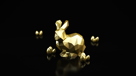 CGI made by myself, showing a golden low poly rabbit with eggs on dark Background. Real 8K Resolution. Luxury Easter Bunny.