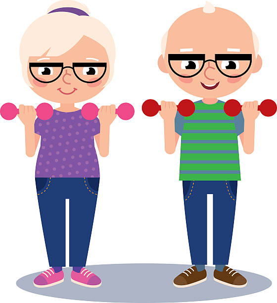 ilustraciones, imágenes clip art, dibujos animados e iconos de stock de pareja de ancianos marido y mujer hacer deportes con mancuernas - senior couple isolated white background standing