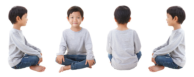 4 sides of boy siting on white background