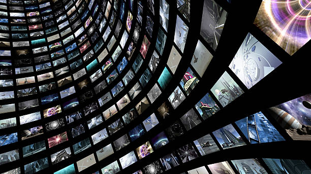 Video wall with many small monitors A 3D rendered image of a video wall. A curved media image screen which shows many small monitors. video still stock pictures, royalty-free photos & images