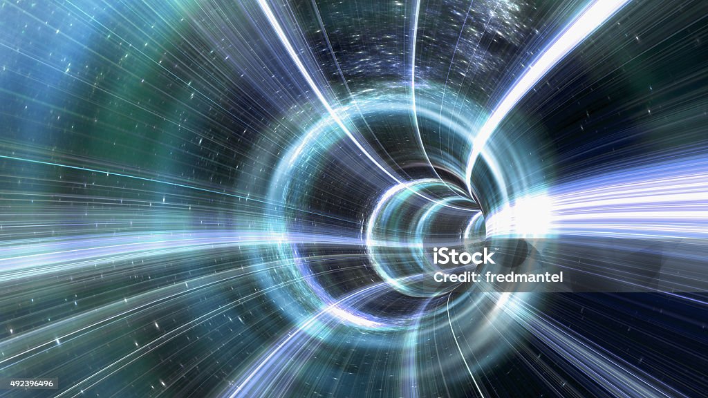 Wormhole tunnel An image of a wormhole. The futuristic tunnel has a bright light at the end. Black Hole - Space Stock Photo