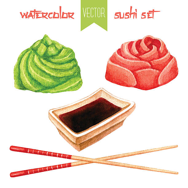 istock Watercolor set of ginger, soy sauce, wasabi and chopsticks 492397046