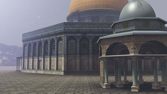 A 3D rendered image of the Dome of the Rock in Jerusalem. You see the exterior of the arabic temple with its azure blue mosaic and copper dome 