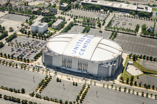 Chicago, Illinois, USA - July 12, 2013: Aerial view of the United center stadium on chicago. United Center, also known as the \