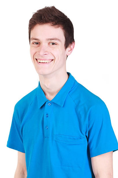 istock Young handsome smiling man in blue t-shirt isolated on white 492401865