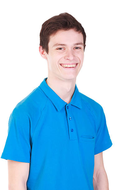 istock Young handsome smiling man in blue t-shirt isolated on white 492401965