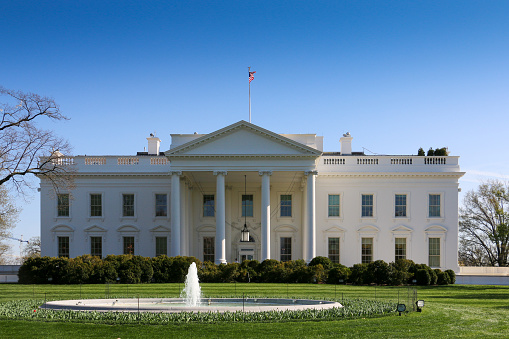 Washington DC, USA - April 12, 2014: A closeup view of the North facade of the White House.  