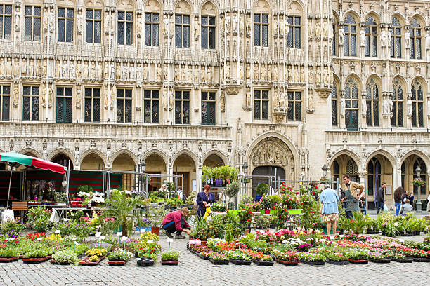 mercato dei fiori sulla grand place di bruxelles, belgio. - brussels belgium market flower market foto e immagini stock